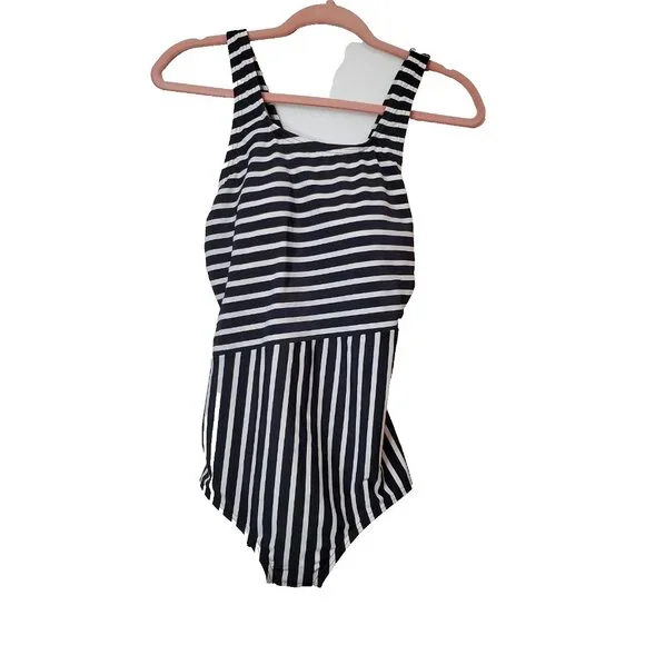 Women's Lands' End One Piece Swimsuit Black White Stripe Size M Full Coverage - Picture 4 of 8